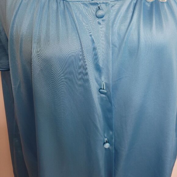 VINTAGE 80s pajama set teal embroidered floral short sleeve nylon lightweight L - Picture 4 of 9